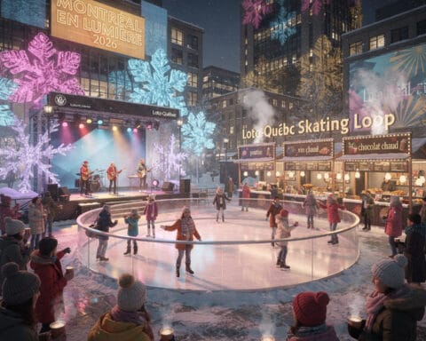 A vibrant winter scene at the Montréal en Lumière 2026 festival. People are ice skating on the Loto-Québec Skating Loop, while others watch and enjoy hot beverages. In the background, musicians perform on a stage surrounded by colorful lights and large snowflake decorations. Food stalls nearby offer poutine, mulled wine, and hot chocolate, adding to the festive and lively atmosphere.