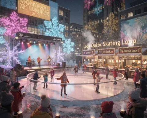 A vibrant winter scene at the Montréal en Lumière 2026 festival. People are ice skating on the Loto-Québec Skating Loop, while others watch and enjoy hot beverages. In the background, musicians perform on a stage surrounded by colorful lights and large snowflake decorations. Food stalls nearby offer poutine, mulled wine, and hot chocolate, adding to the festive and lively atmosphere.
