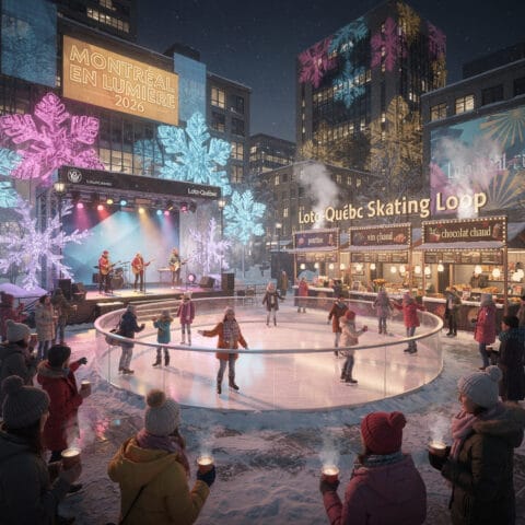 A vibrant winter scene at the Montréal en Lumière 2026 festival. People are ice skating on the Loto-Québec Skating Loop, while others watch and enjoy hot beverages. In the background, musicians perform on a stage surrounded by colorful lights and large snowflake decorations. Food stalls nearby offer poutine, mulled wine, and hot chocolate, adding to the festive and lively atmosphere.