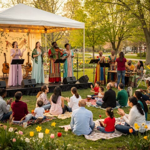 An outdoor musical performance on a grassy area with a stage featuring performers dressed in vibrant, colorful attire. Some are playing instruments, while others sing into microphones. In front of the stage, audience members, including children, sit on picnic blankets and clap along. The area is decorated with flowers, and trees are visible in the background, creating a festive and relaxed atmosphere.