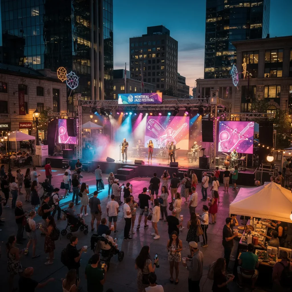 An outdoor concert at the Montreal Jazz Festival featuring musicians performing on a stage surrounded by vibrant lights and screens. A large crowd is watching in an urban setting with tall buildings in the background. A tent nearby has people gathered, possibly for food or drinks.