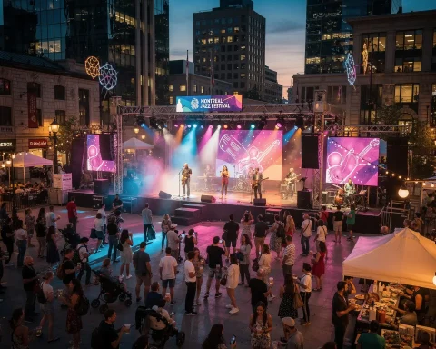 An outdoor concert at the Montreal Jazz Festival featuring musicians performing on a stage surrounded by vibrant lights and screens. A large crowd is watching in an urban setting with tall buildings in the background. A tent nearby has people gathered, possibly for food or drinks.