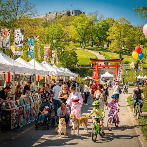 A vibrant outdoor festival or market scene in a park with colorful tents where people browse comic books beneath banners. The lively atmosphere includes people walking, some in traditional clothing, and children riding bikes. Dogs are seen in the foreground, while balloons add to the festive mood on the right. In the background, a hill with a structure on top is visible, surrounded by trees on a sunny day.