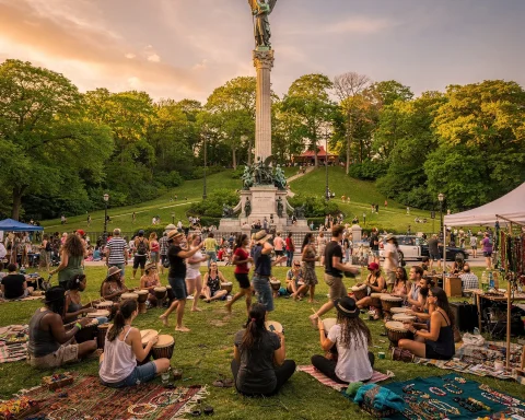 A vibrant outdoor scene featuring people sitting on the grass, playing drums, and engaging in various activities at a park. In the background, there is a tall monument topped with a statue. The atmosphere is lively, with stalls displaying items on blankets, and the setting sun casts a warm, golden light over the trees and gathering crowd.