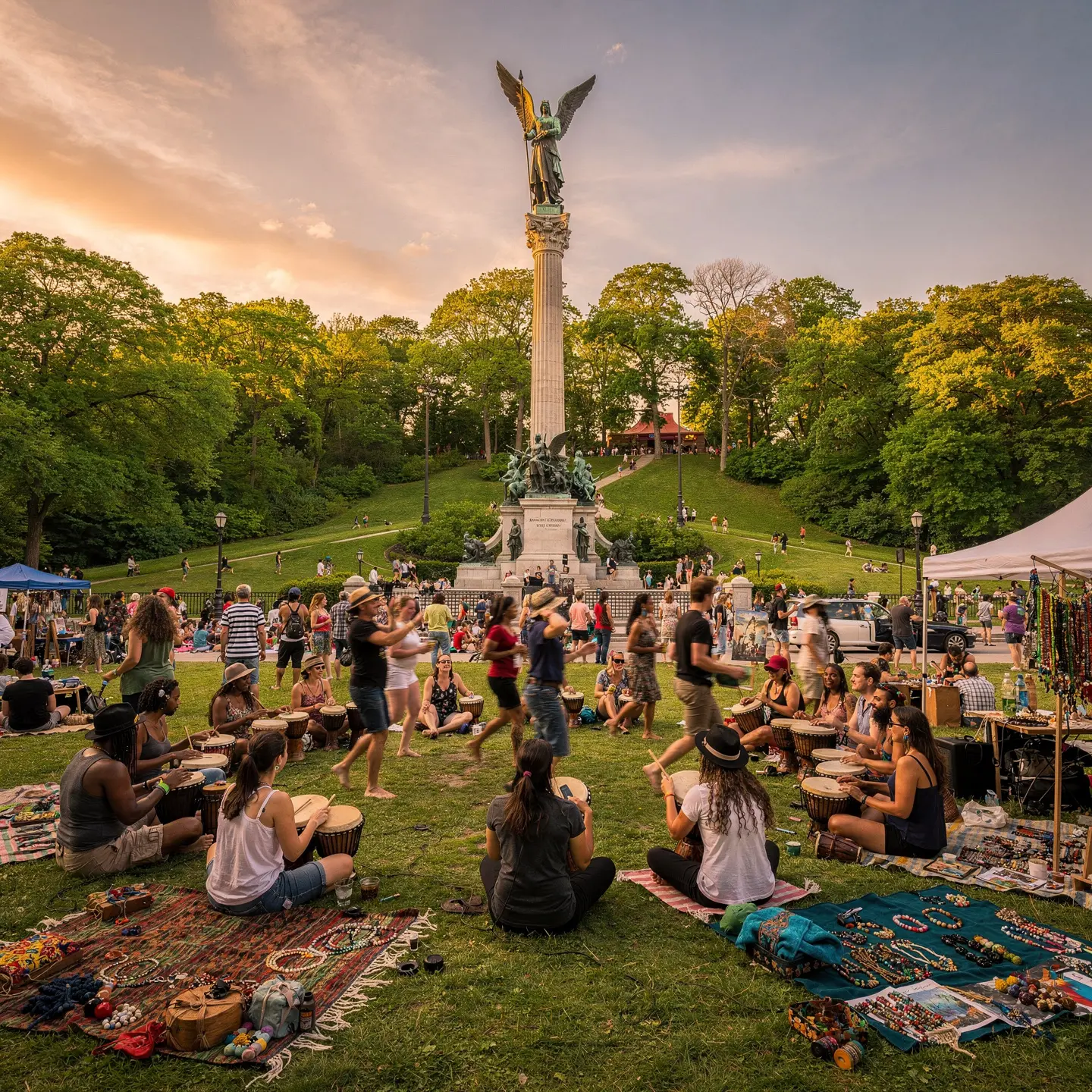 A vibrant outdoor scene featuring people sitting on the grass, playing drums, and engaging in various activities at a park. In the background, there is a tall monument topped with a statue. The atmosphere is lively, with stalls displaying items on blankets, and the setting sun casts a warm, golden light over the trees and gathering crowd.