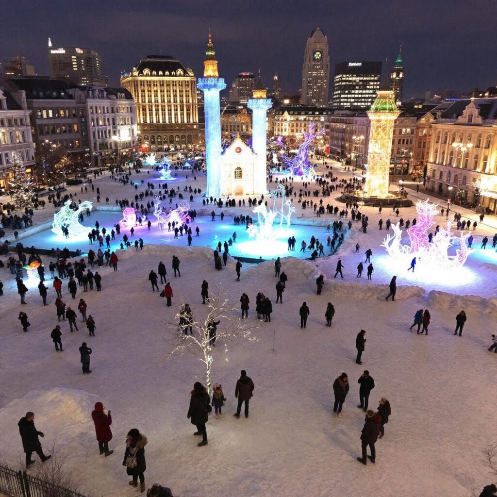A snowy public square at night, lively with people walking and gathering near colorful illuminated decorations. The area features various lit sculptures and structures, surrounded by ornate buildings that enhance the festive atmosphere.