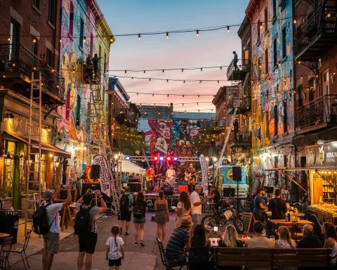 A lively street scene during a festival, featuring people sitting and standing in the street. In the background, a musical performance is taking place on a stage. Buildings on either side are decorated with colorful murals, and string lights hang overhead, creating a festive atmosphere. Food stands are present, and some attendees are taking photos.