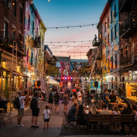 A lively street scene during a festival, featuring people sitting and standing in the street. In the background, a musical performance is taking place on a stage. Buildings on either side are decorated with colorful murals, and string lights hang overhead, creating a festive atmosphere. Food stands are present, and some attendees are taking photos.