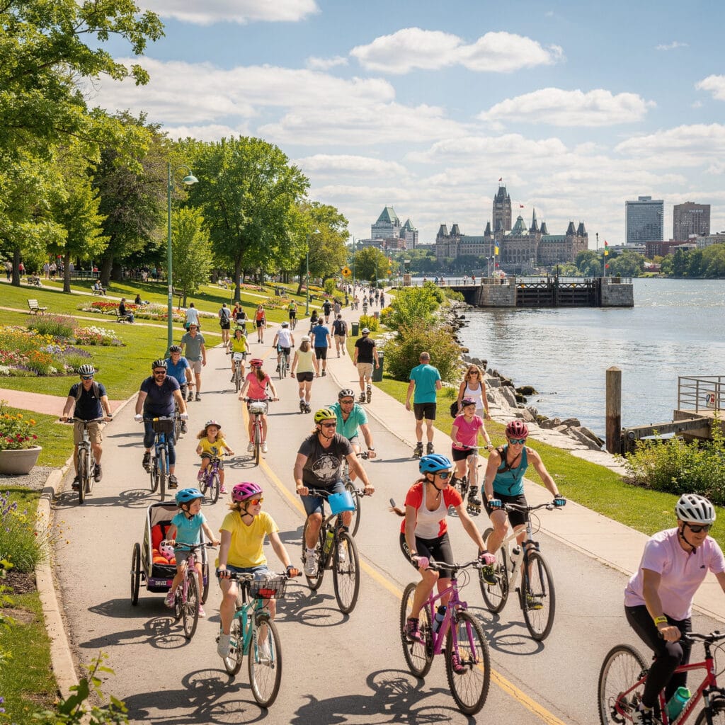 A vibrant waterfront path with cyclists wearing helmets and pedestrians enjoying a sunny day. The path is lined with greenery, flowers, and runs alongside a body of water. In the background, large buildings of a cityscape are visible under a partly cloudy sky.