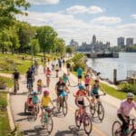 A vibrant waterfront path with cyclists wearing helmets and pedestrians enjoying a sunny day. The path is lined with greenery, flowers, and runs alongside a body of water. In the background, large buildings of a cityscape are visible under a partly cloudy sky.