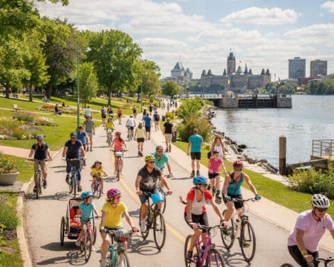 A vibrant waterfront path with cyclists wearing helmets and pedestrians enjoying a sunny day. The path is lined with greenery, flowers, and runs alongside a body of water. In the background, large buildings of a cityscape are visible under a partly cloudy sky.