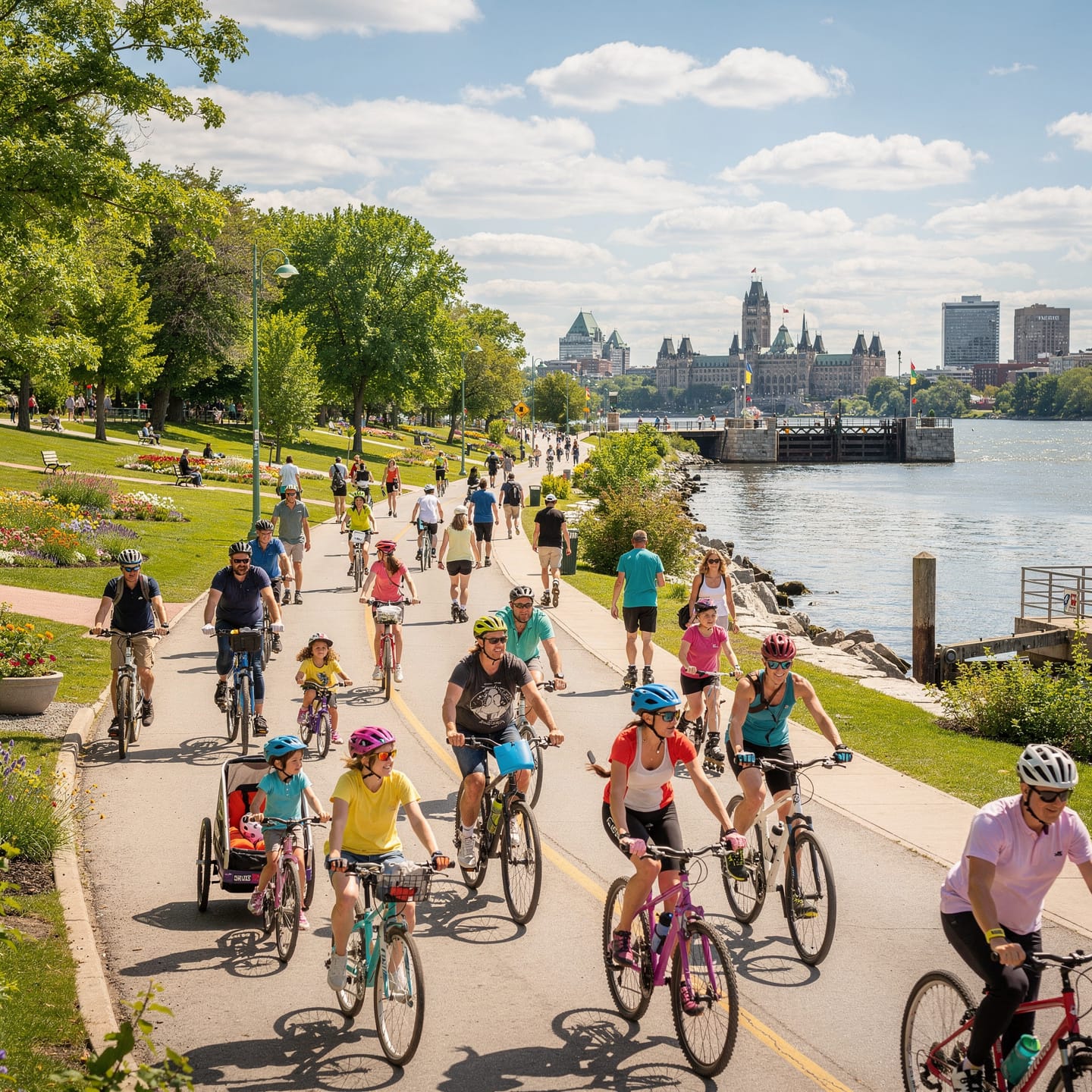 A vibrant waterfront path with cyclists wearing helmets and pedestrians enjoying a sunny day. The path is lined with greenery, flowers, and runs alongside a body of water. In the background, large buildings of a cityscape are visible under a partly cloudy sky.