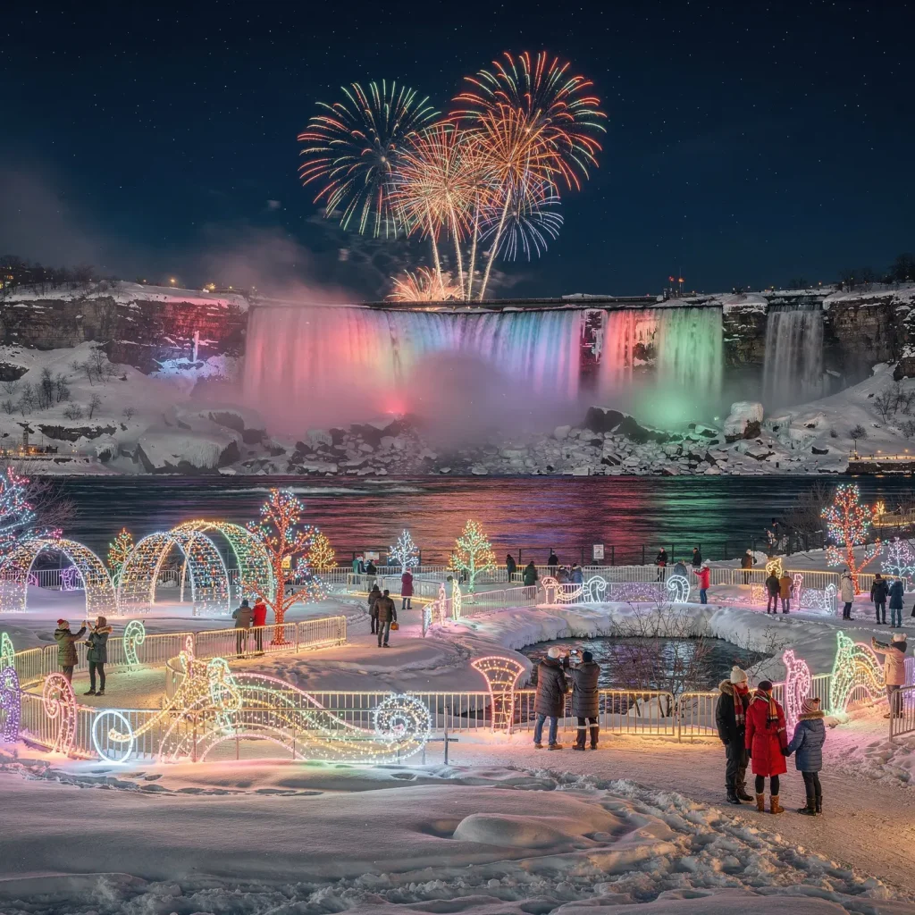 A nighttime winter scene featuring Niagara Falls illuminated with multicolored lights and fireworks in the sky. Christmas-themed light displays are visible in the snowy foreground, with people gathered enjoying the festive atmosphere.
