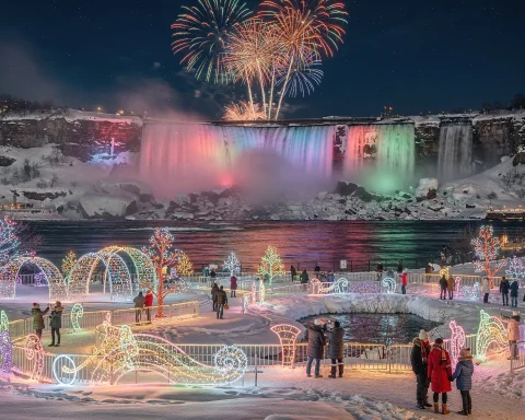 A nighttime winter scene featuring Niagara Falls illuminated with multicolored lights and fireworks in the sky. Christmas-themed light displays are visible in the snowy foreground, with people gathered enjoying the festive atmosphere.