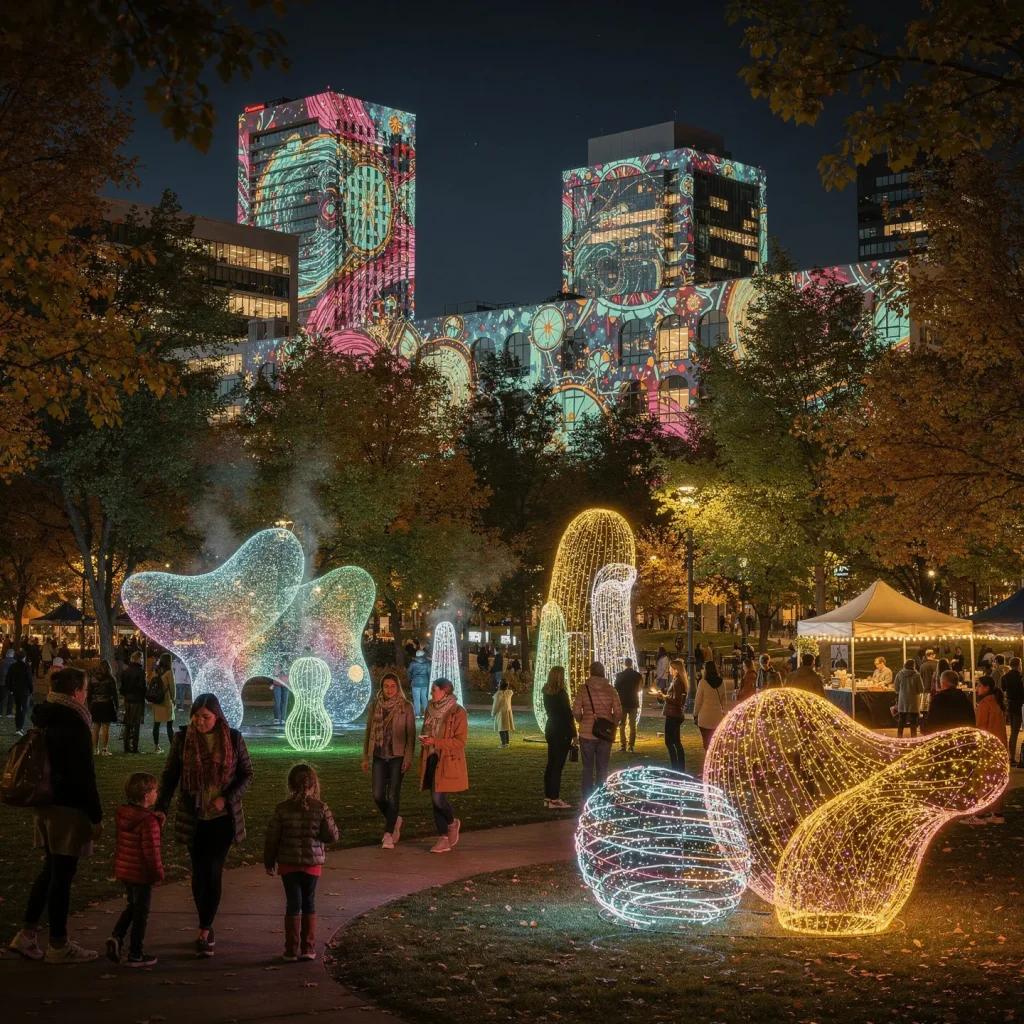 A nighttime scene in a park with people walking among illuminated sculptures featuring intricate, colorful lights. Buildings in the background display vibrant, abstract light projections. Surrounding trees enhance the ambiance, and a tent-like structure with lighting suggests an event or gathering is underway.