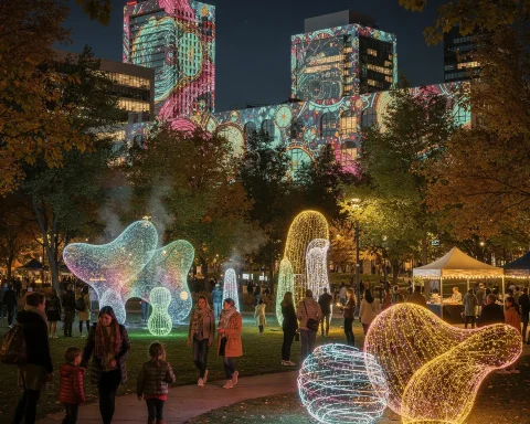 A nighttime scene in a park with people walking among illuminated sculptures featuring intricate, colorful lights. Buildings in the background display vibrant, abstract light projections. Surrounding trees enhance the ambiance, and a tent-like structure with lighting suggests an event or gathering is underway.