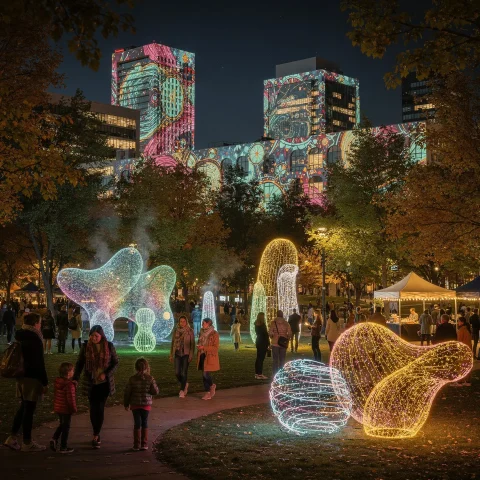 A nighttime scene in a park with people walking among illuminated sculptures featuring intricate, colorful lights. Buildings in the background display vibrant, abstract light projections. Surrounding trees enhance the ambiance, and a tent-like structure with lighting suggests an event or gathering is underway.