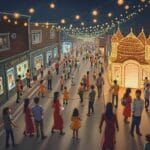 A nighttime festival street scene filled with people of all ages walking and interacting under string lights. Various shops line the street, and on the right side, there's a large, ornate, light-decorated structure resembling a festival pavilion. The atmosphere is vibrant and celebratory.