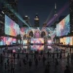 A lively urban night scene featuring a public square surrounded by buildings with colorful digital projections on large screens and arches. A water feature in the center reflects the vibrant lights. People gather to observe the display, while beams of light illuminate the sky, creating a futuristic atmosphere. A prominent tower stands in the background.