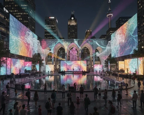 A lively urban night scene featuring a public square surrounded by buildings with colorful digital projections on large screens and arches. A water feature in the center reflects the vibrant lights. People gather to observe the display, while beams of light illuminate the sky, creating a futuristic atmosphere. A prominent tower stands in the background.