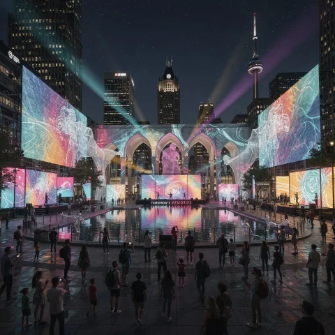A lively urban night scene featuring a public square surrounded by buildings with colorful digital projections on large screens and arches. A water feature in the center reflects the vibrant lights. People gather to observe the display, while beams of light illuminate the sky, creating a futuristic atmosphere. A prominent tower stands in the background.