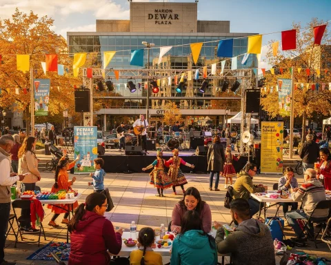 A vibrant outdoor festival at Marion Dewar Plaza featuring a musician performing on stage, dancers in traditional attire entertaining a gathered crowd, and people seated at tables enjoying activities. Colorful flags decorate the plaza, with autumnal trees adding to the inviting and festive atmosphere.