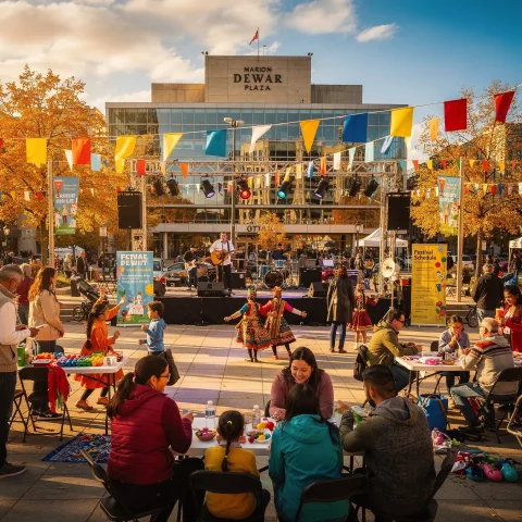 A vibrant outdoor festival at Marion Dewar Plaza featuring a musician performing on stage, dancers in traditional attire entertaining a gathered crowd, and people seated at tables enjoying activities. Colorful flags decorate the plaza, with autumnal trees adding to the inviting and festive atmosphere.