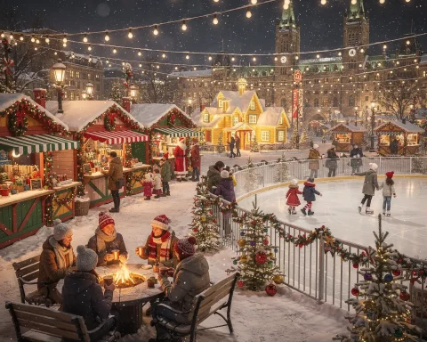A lively Christmas market featuring stalls decorated with lights and garlands, people ice skating on a holiday-themed rink, and a group sitting around a fire pit. Snow is gently falling, and string lights overhead create a warm, cheerful ambiance in the wintry setting.