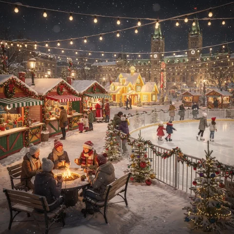 A lively Christmas market featuring stalls decorated with lights and garlands, people ice skating on a holiday-themed rink, and a group sitting around a fire pit. Snow is gently falling, and string lights overhead create a warm, cheerful ambiance in the wintry setting.