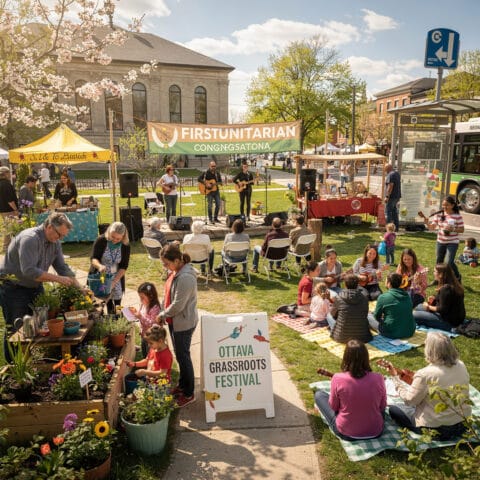A vibrant outdoor scene at the Ottawa Grassroots Festival featuring a small stage with musicians performing for an audience seated on chairs and grass. Some individuals play guitars, while families and groups enjoy the festive atmosphere. Tents and stalls, including a plant sale, are set up around the area, alongside a sign for the First Unitarian Congregation. The event showcases a lively and community-focused gathering.