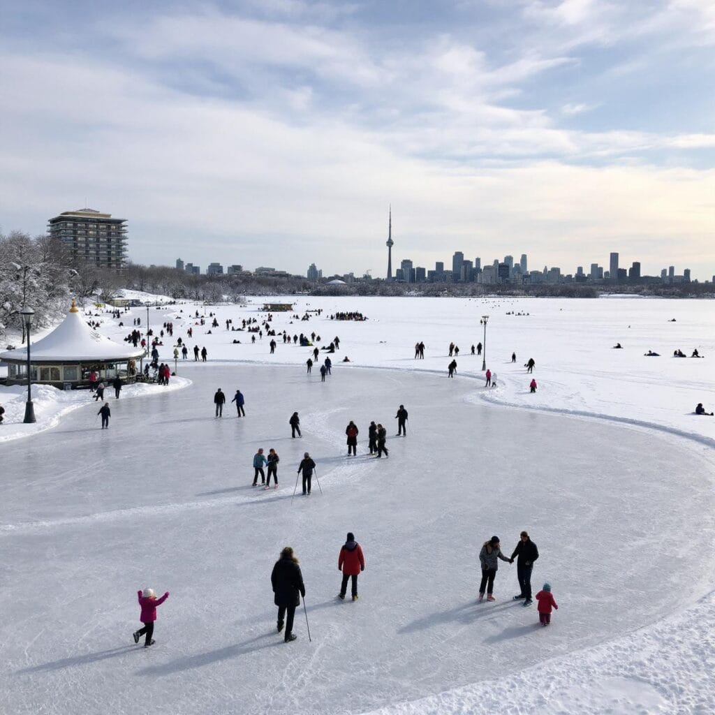 A winter scene showing people ice skating on a frozen body of water with a distant city skyline featuring a prominent tower in the background. The surrounding area is covered in snow, and many individuals are enjoying various outdoor activities on the ice. The location appears to be a popular recreational spot during the winter season.