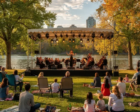 An outdoor concert held in a park by a river, showcasing a small orchestra performing on a stage. A conductor leads the musicians, while an audience sits on the grass on blankets and lawn chairs. The setting is surrounded by trees and buildings, creating a relaxed, communal atmosphere on a pleasant day.