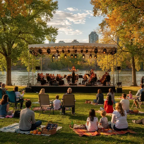 An outdoor concert held in a park by a river, showcasing a small orchestra performing on a stage. A conductor leads the musicians, while an audience sits on the grass on blankets and lawn chairs. The setting is surrounded by trees and buildings, creating a relaxed, communal atmosphere on a pleasant day.