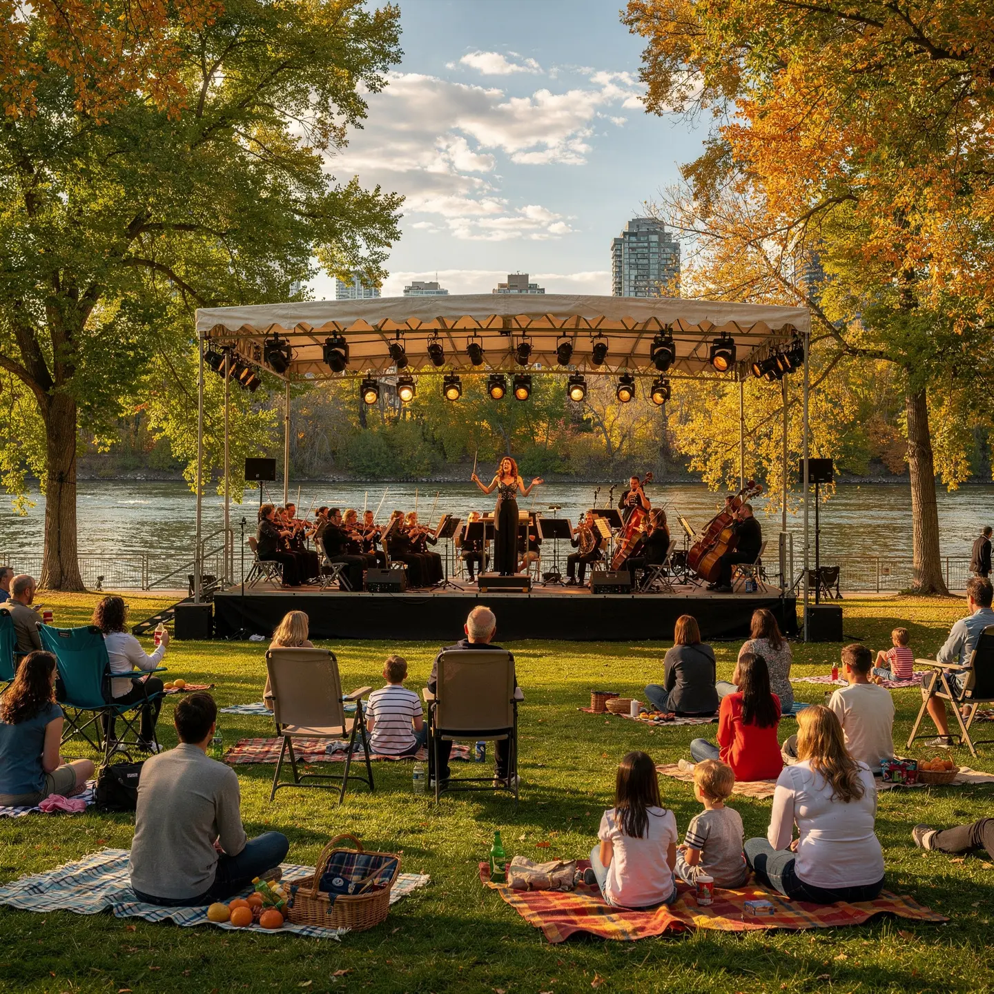 An outdoor concert held in a park by a river, showcasing a small orchestra performing on a stage. A conductor leads the musicians, while an audience sits on the grass on blankets and lawn chairs. The setting is surrounded by trees and buildings, creating a relaxed, communal atmosphere on a pleasant day.