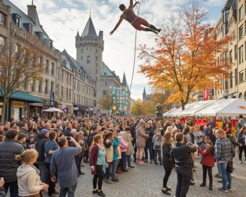 A vibrant street scene during a festival in an urban area with historic buildings. A performer is suspended in the air, performing an aerial act while a large crowd watches and takes photos. Trees with autumn foliage line the street, and vendor tents are set up along the side, adding to the festive atmosphere.