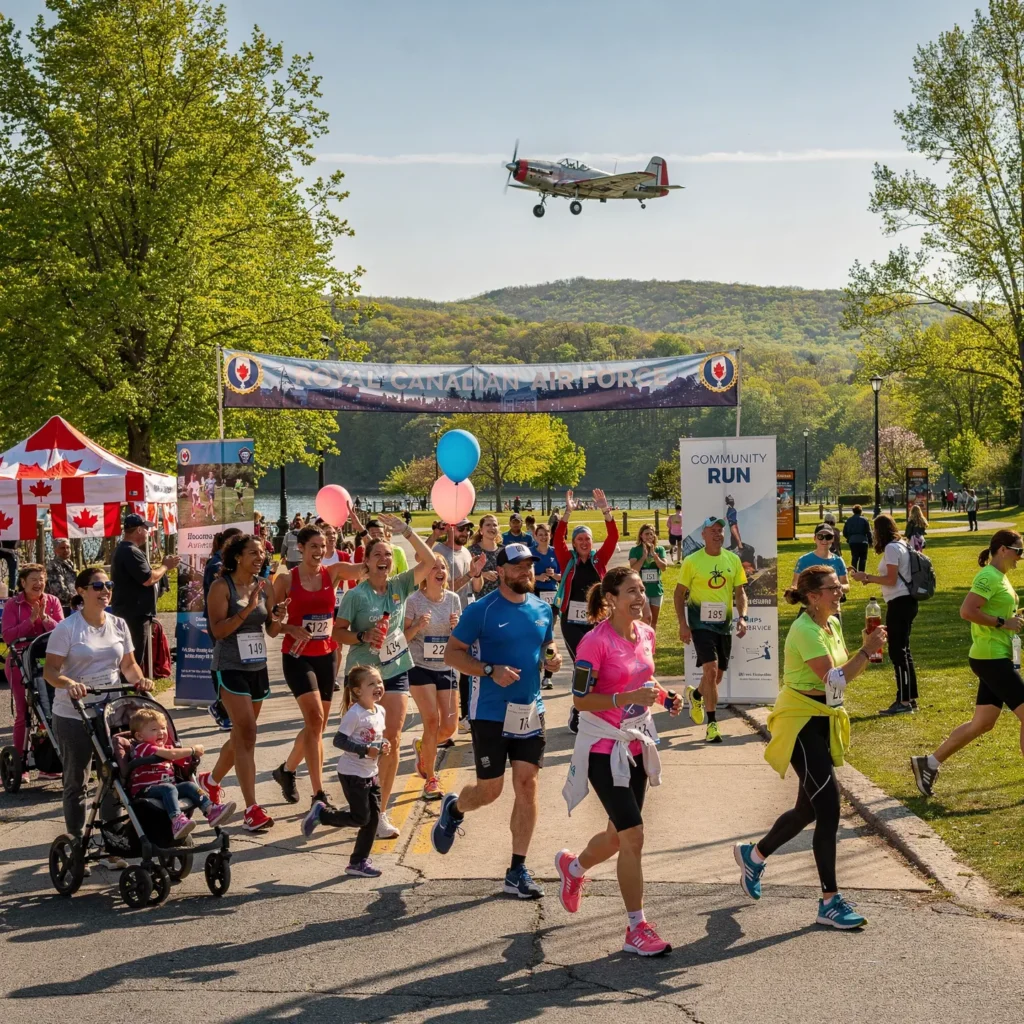 A community-run event featuring participants of various ages running on a paved path, including a child in a stroller. Some runners are holding balloons. In the background, a banner reads 'Royal Canadian Air Force,' and a small airplane flies overhead. Canadian flags are visible on a tent to the left, and the event takes place in a park setting with trees and greenery.