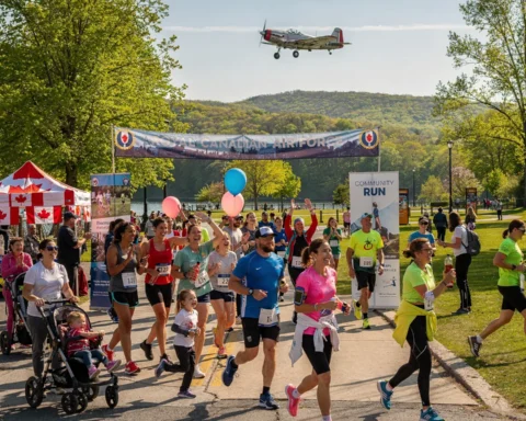 A community-run event featuring participants of various ages running on a paved path, including a child in a stroller. Some runners are holding balloons. In the background, a banner reads 'Royal Canadian Air Force,' and a small airplane flies overhead. Canadian flags are visible on a tent to the left, and the event takes place in a park setting with trees and greenery.