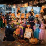 A festive Halloween-themed event where children in costumes interact with police officers near a table decorated with pumpkins, banners, and balloons. The table holds bowls of candy and snacks, along with a sign offering Halloween safety tips. Autumn leaves are scattered on the floor, and the atmosphere is cheerful with people smiling and enjoying the event.