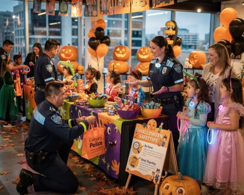 A festive Halloween-themed event where children in costumes interact with police officers near a table decorated with pumpkins, banners, and balloons. The table holds bowls of candy and snacks, along with a sign offering Halloween safety tips. Autumn leaves are scattered on the floor, and the atmosphere is cheerful with people smiling and enjoying the event.