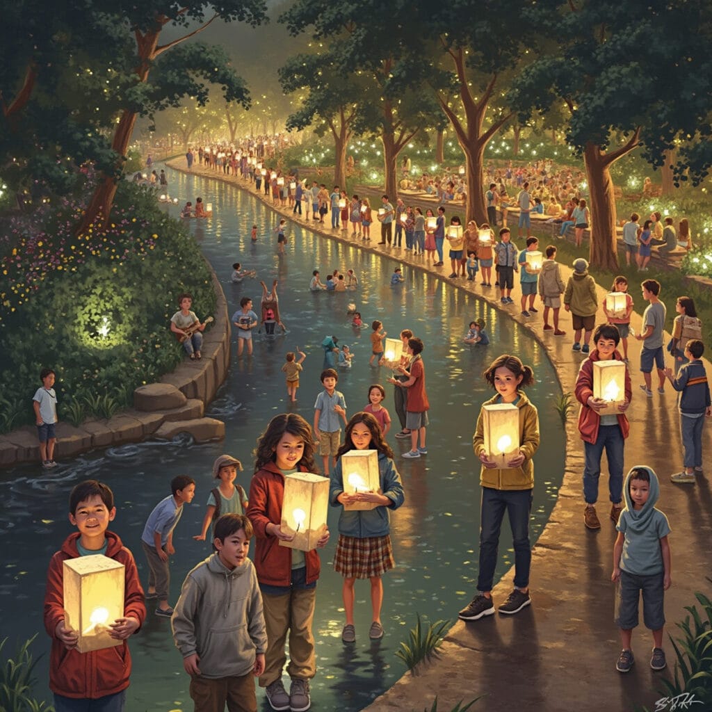 A vibrant scene at a river during a lantern festival, where a diverse crowd, including people of various ages, gathers to celebrate. Many are holding glowing lanterns, while others play in the water. Trees line the riverbanks, and festive lights illuminate the evening atmosphere. The setting is filled with joy and unity as a large crowd participates in the outdoor event.