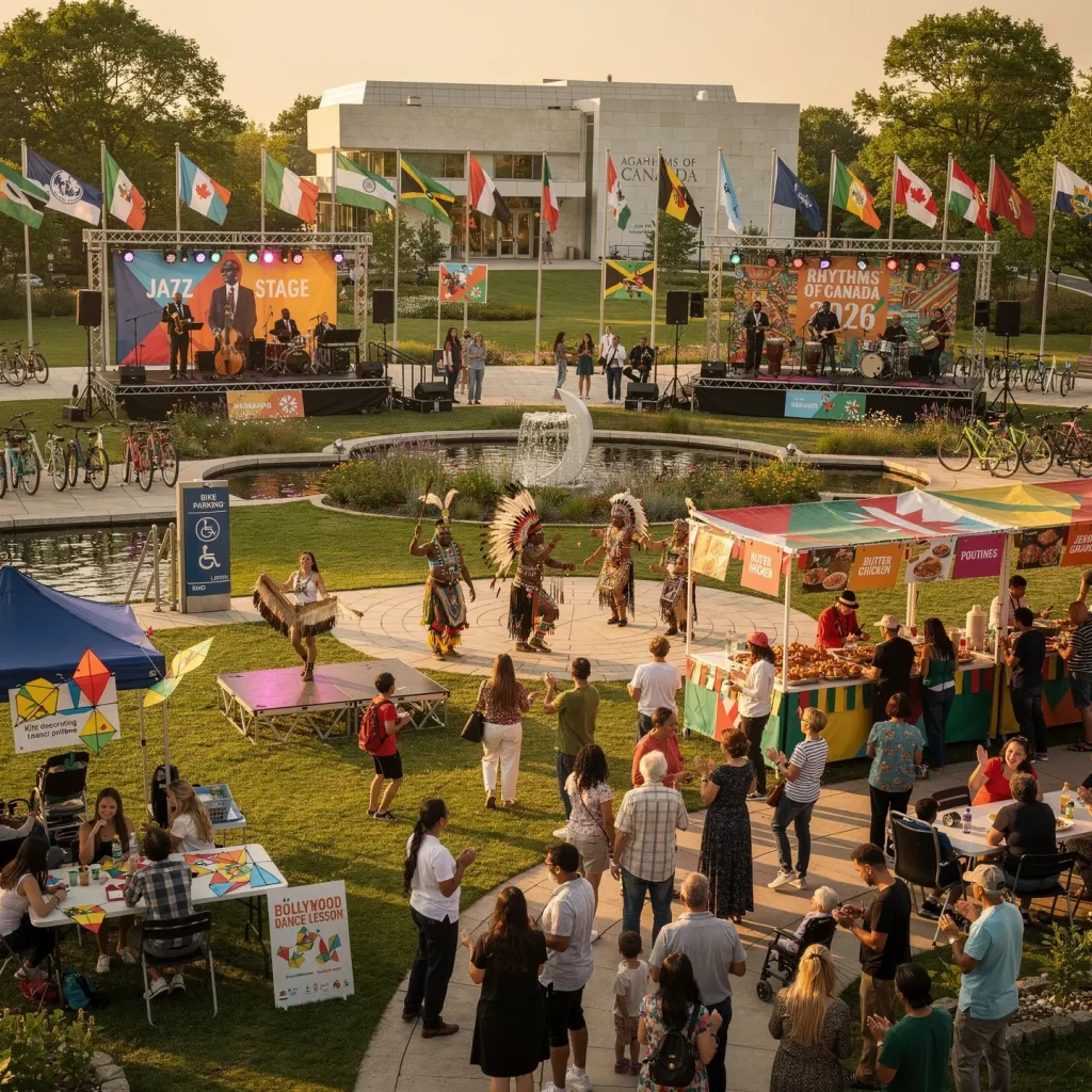 An outdoor festival showcasing multicultural activities and performances. The lively scene includes people enjoying a 'Jazz Stage' concert and another performance on the 'Rhythms of Canada' stage. Nearby, individuals in traditional Indigenous attire perform a dance. Food stalls offer dishes like butter chicken and poutine. Participants are engaging in activities such as Bollywood dance lessons and kite decorating. Various national flags are displayed, reflecting the event's cultural diversity. The setting features a garden area with bicycles parked nearby, enhancing the festive and welcoming atmosphere.