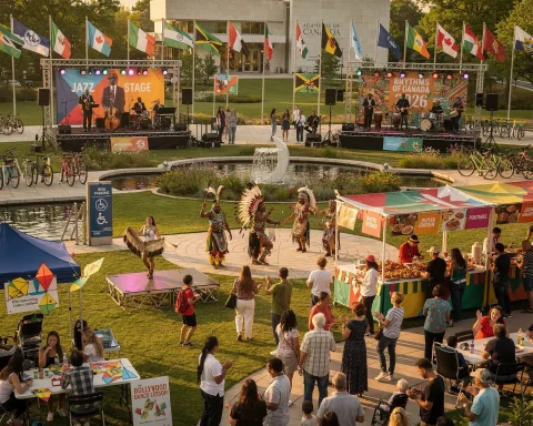 An outdoor festival showcasing multicultural activities and performances. The lively scene includes people enjoying a 'Jazz Stage' concert and another performance on the 'Rhythms of Canada' stage. Nearby, individuals in traditional Indigenous attire perform a dance. Food stalls offer dishes like butter chicken and poutine. Participants are engaging in activities such as Bollywood dance lessons and kite decorating. Various national flags are displayed, reflecting the event's cultural diversity. The setting features a garden area with bicycles parked nearby, enhancing the festive and welcoming atmosphere.