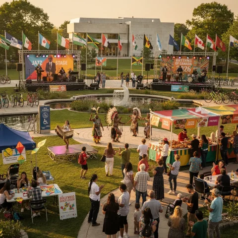 An outdoor festival showcasing multicultural activities and performances. The lively scene includes people enjoying a 'Jazz Stage' concert and another performance on the 'Rhythms of Canada' stage. Nearby, individuals in traditional Indigenous attire perform a dance. Food stalls offer dishes like butter chicken and poutine. Participants are engaging in activities such as Bollywood dance lessons and kite decorating. Various national flags are displayed, reflecting the event's cultural diversity. The setting features a garden area with bicycles parked nearby, enhancing the festive and welcoming atmosphere.