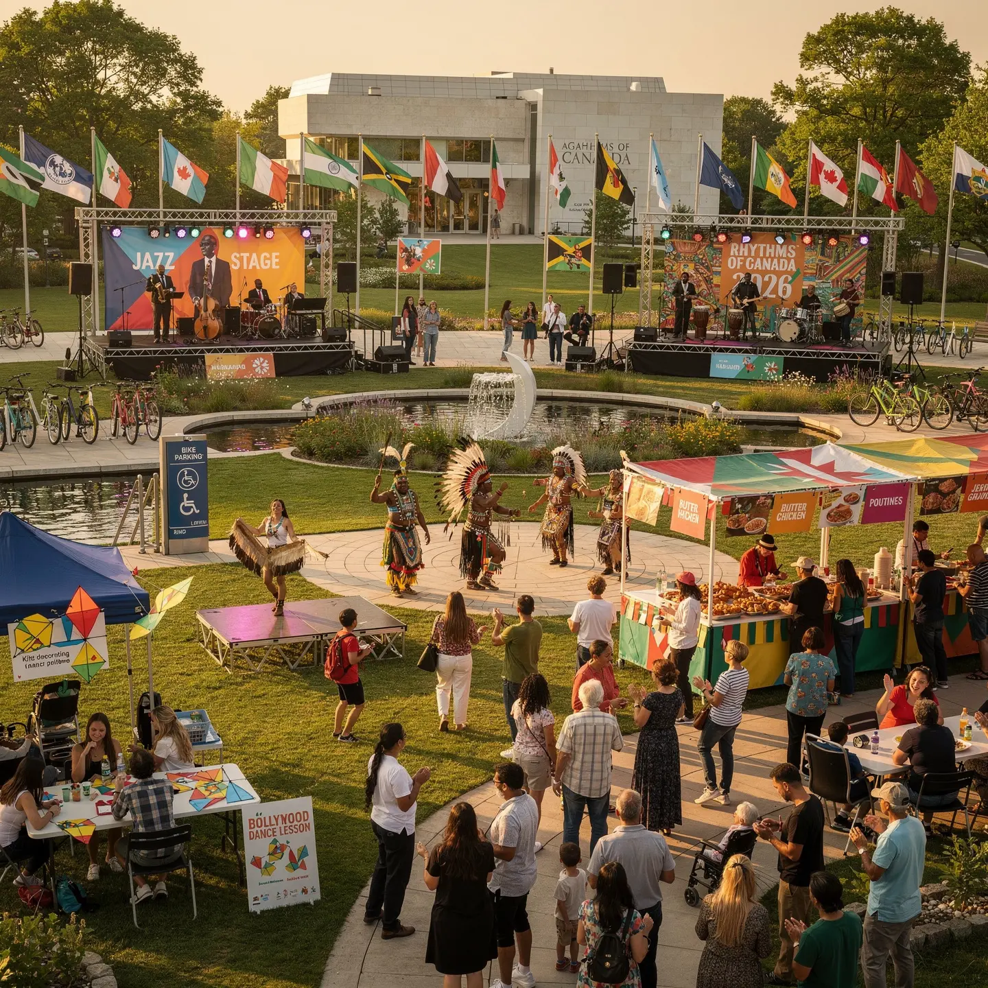 An outdoor festival showcasing multicultural activities and performances. The lively scene includes people enjoying a 'Jazz Stage' concert and another performance on the 'Rhythms of Canada' stage. Nearby, individuals in traditional Indigenous attire perform a dance. Food stalls offer dishes like butter chicken and poutine. Participants are engaging in activities such as Bollywood dance lessons and kite decorating. Various national flags are displayed, reflecting the event's cultural diversity. The setting features a garden area with bicycles parked nearby, enhancing the festive and welcoming atmosphere.