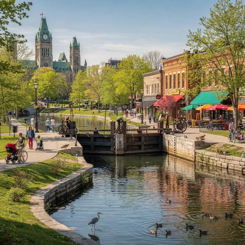 A picturesque canal path with people walking and cycling alongside. Historic buildings with shops and colorful awnings line the path. A lock mechanism is visible in the canal, where ducks are swimming. In the background, large buildings with green, pointed roofs add a historic or governmental architectural flair. The area is surrounded by greenery and has a pleasant, urban atmosphere.