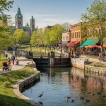 A picturesque canal path with people walking and cycling alongside. Historic buildings with shops and colorful awnings line the path. A lock mechanism is visible in the canal, where ducks are swimming. In the background, large buildings with green, pointed roofs add a historic or governmental architectural flair. The area is surrounded by greenery and has a pleasant, urban atmosphere.