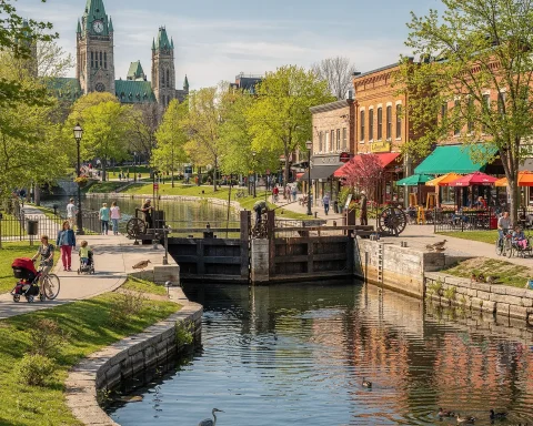 A picturesque canal path with people walking and cycling alongside. Historic buildings with shops and colorful awnings line the path. A lock mechanism is visible in the canal, where ducks are swimming. In the background, large buildings with green, pointed roofs add a historic or governmental architectural flair. The area is surrounded by greenery and has a pleasant, urban atmosphere.