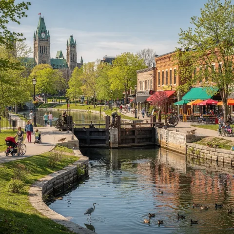 A picturesque canal path with people walking and cycling alongside. Historic buildings with shops and colorful awnings line the path. A lock mechanism is visible in the canal, where ducks are swimming. In the background, large buildings with green, pointed roofs add a historic or governmental architectural flair. The area is surrounded by greenery and has a pleasant, urban atmosphere.