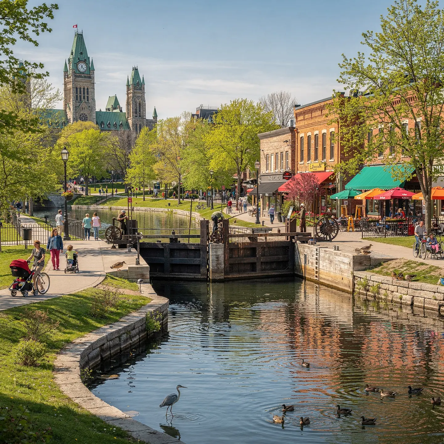 A picturesque canal path with people walking and cycling alongside. Historic buildings with shops and colorful awnings line the path. A lock mechanism is visible in the canal, where ducks are swimming. In the background, large buildings with green, pointed roofs add a historic or governmental architectural flair. The area is surrounded by greenery and has a pleasant, urban atmosphere.
