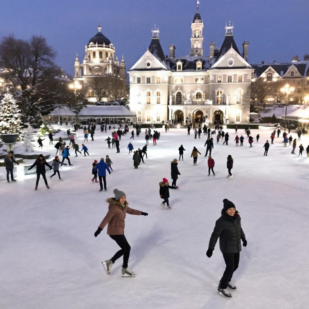 A lively outdoor ice skating rink with people of all ages enjoying the activity. In the background, a large, elegant building is lit up, along with a visible domed structure, creating a cheerful and festive winter atmosphere.